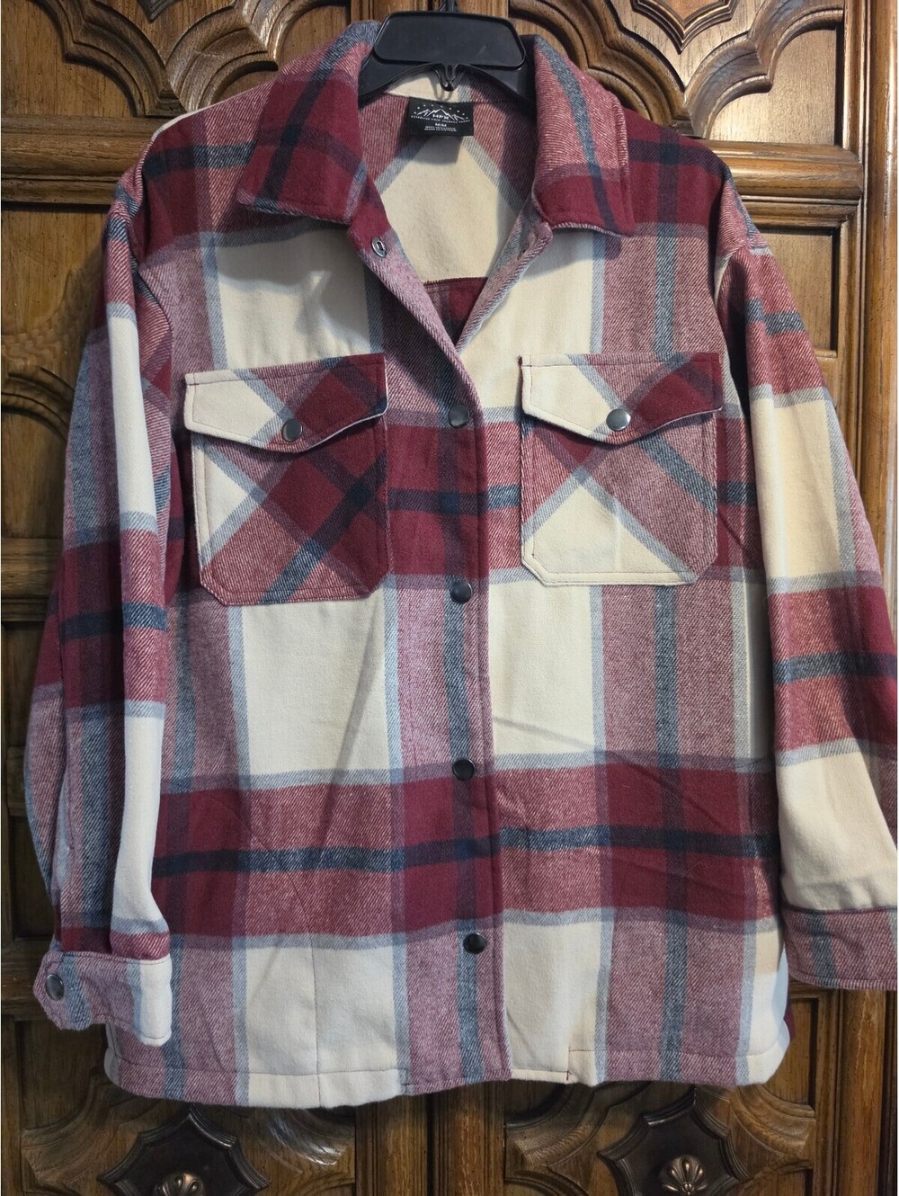 HFX Heavyweight Plaid Flannel Shirt Jacket, Burgundy/Cream/Navy, Size M pockets